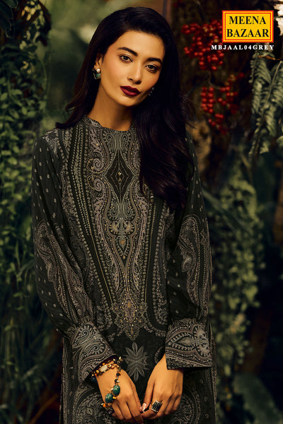 Grey Muslin Silk Sequins Jaal Embroidered Suit Set