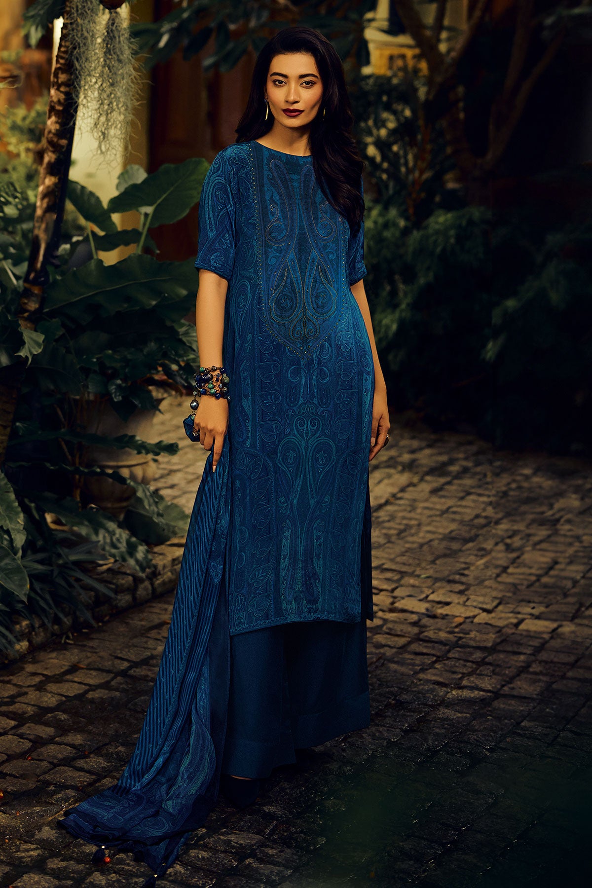 Blue Muslin Silk Sequins Jaal Embroidered Suit Set