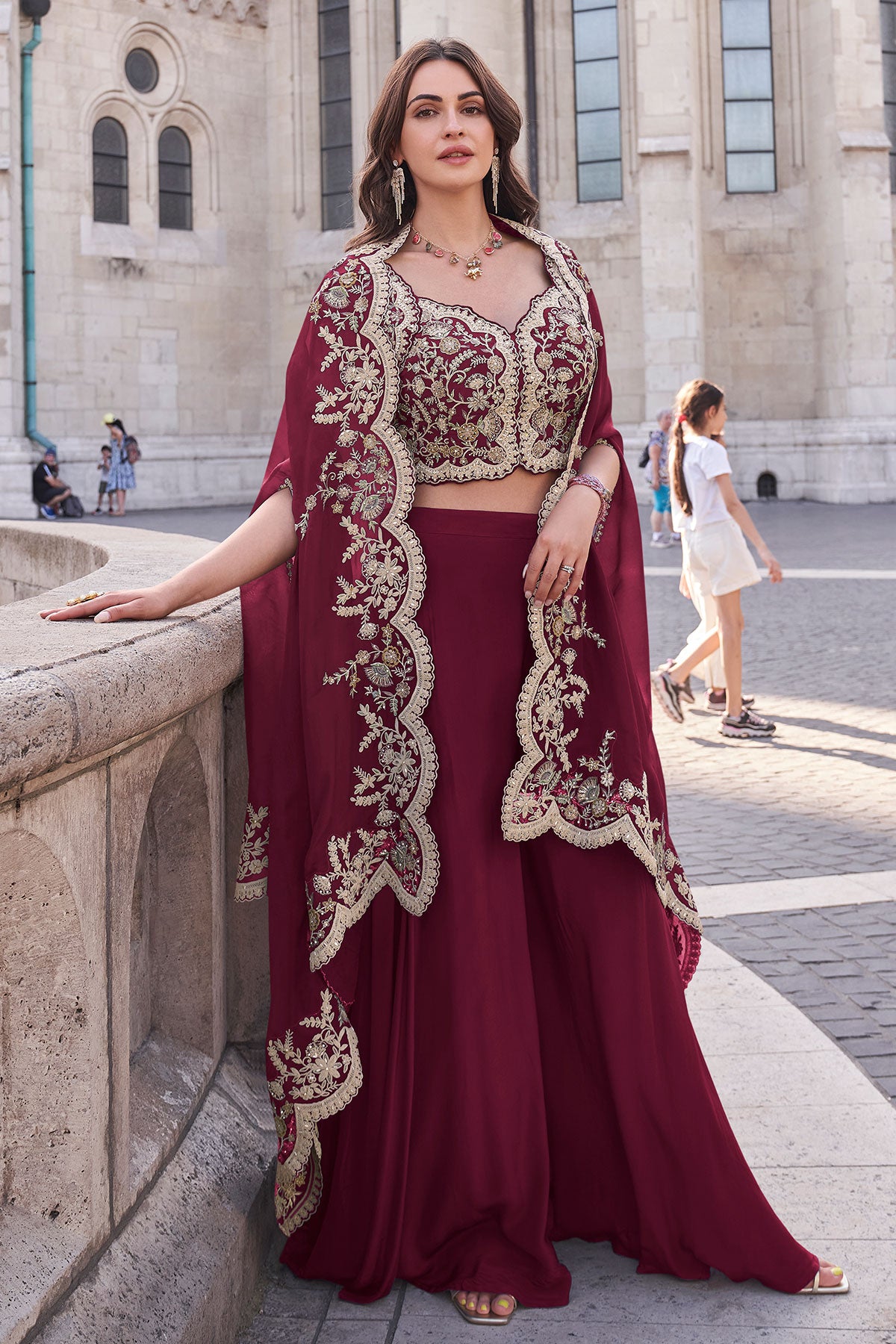 Maroon Silk Zari Embroidered Bustier-Palazzo with Cape 3-Piece Set