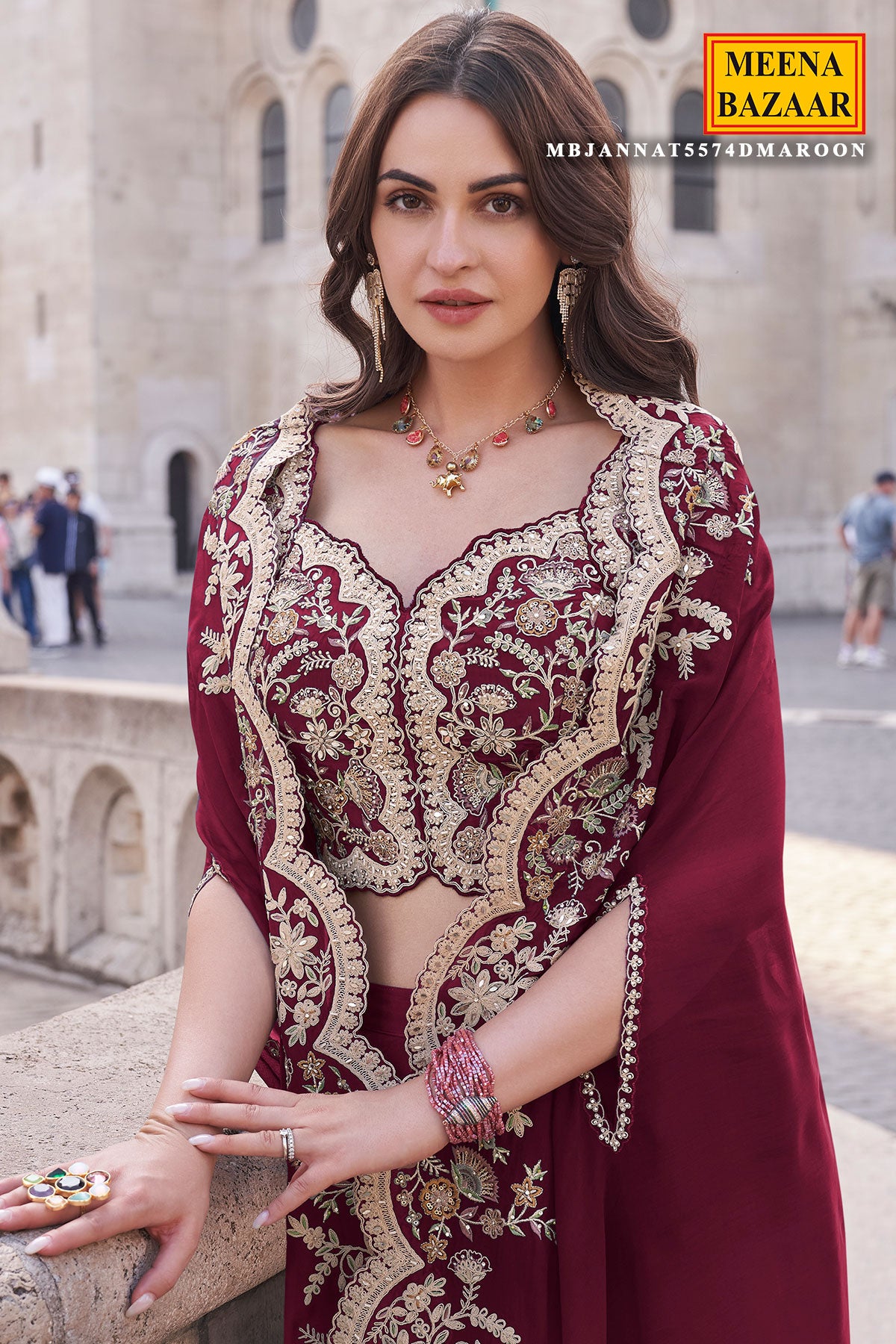 Maroon Silk Zari Embroidered Bustier-Palazzo with Cape 3-Piece Set
