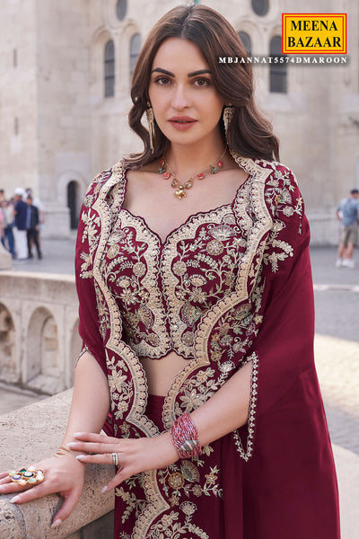 Maroon Silk Zari Embroidered Bustier-Palazzo with Cape 3-Piece Set