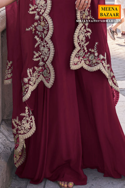 Maroon Silk Zari Embroidered Bustier-Palazzo with Cape 3-Piece Set