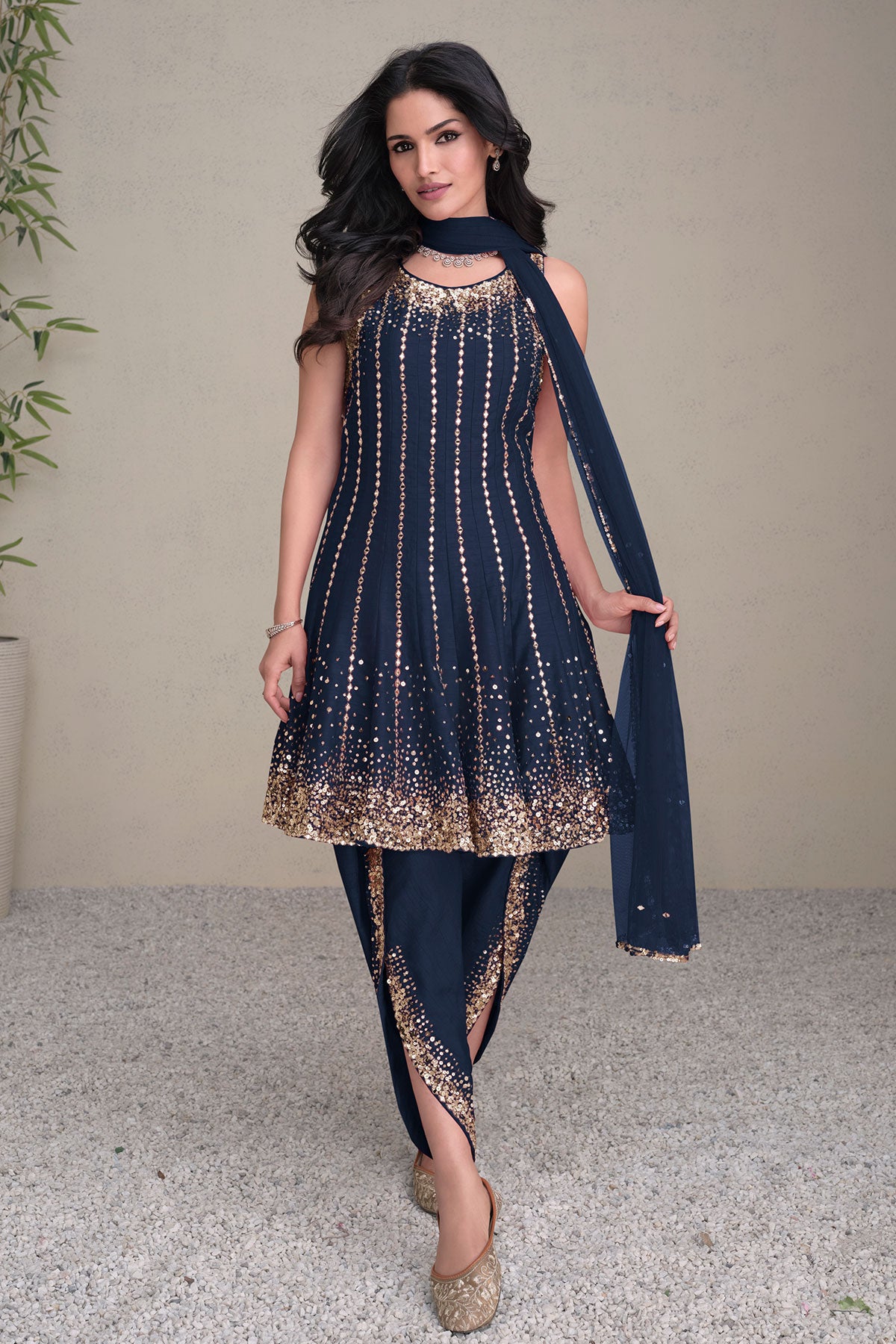 Navy Silk Sequin Embroidered Kurti WIth Dhoti pants Set