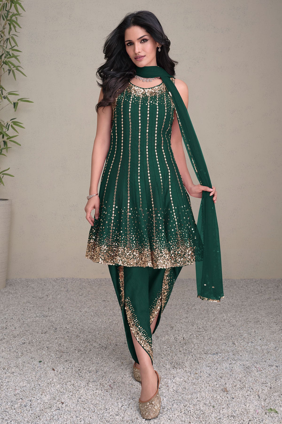 Bottle Green Silk Sequin Embroidered Kurti WIth Dhoti pants Set