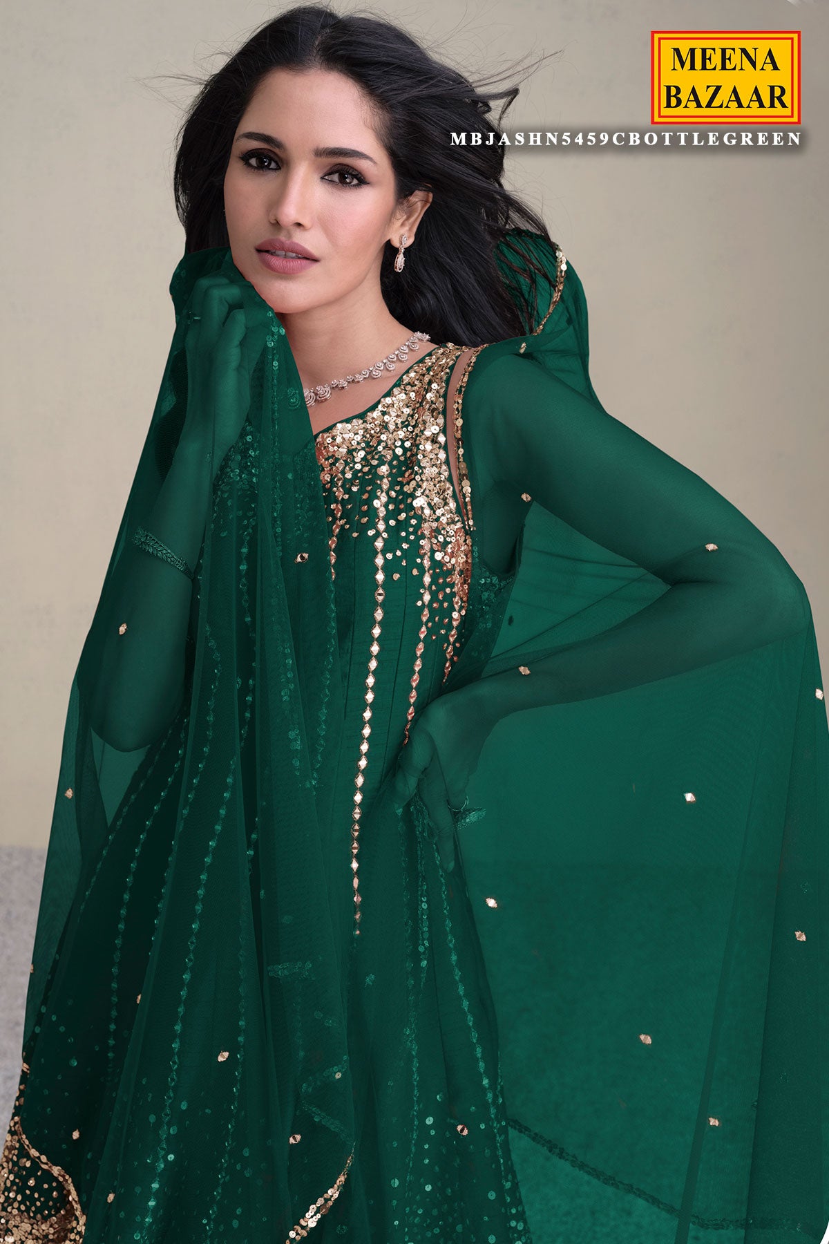 Bottle Green Silk Sequin Embroidered Kurti WIth Dhoti pants Set