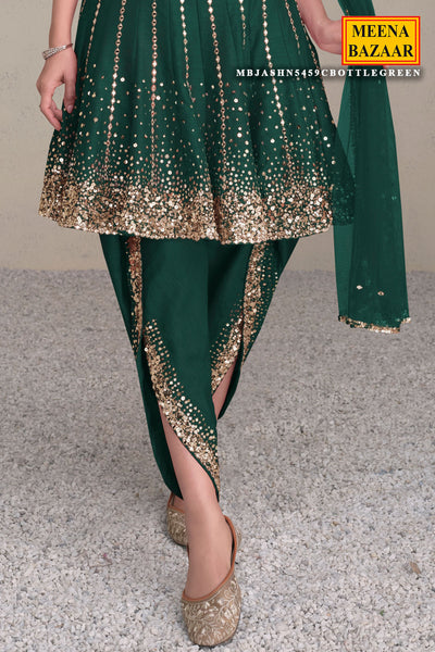 Bottle Green Silk Sequin Embroidered Kurti WIth Dhoti pants Set