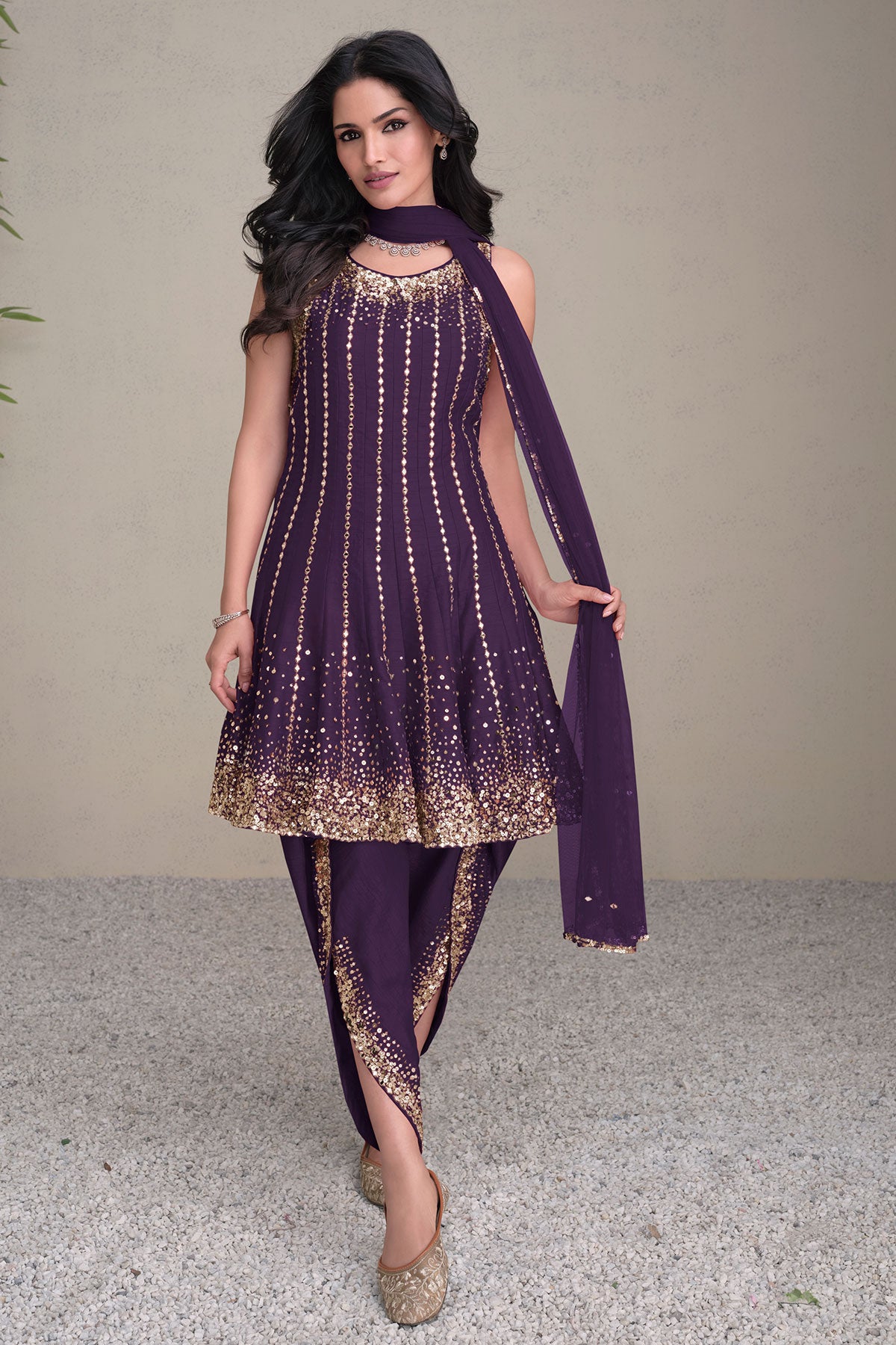 Wine Silk Sequin Embroidered Kurti WIth Dhoti pants Set