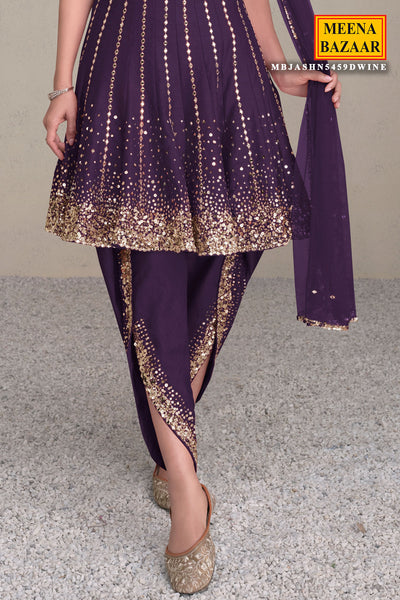 Wine Silk Sequin Embroidered Kurti WIth Dhoti pants Set