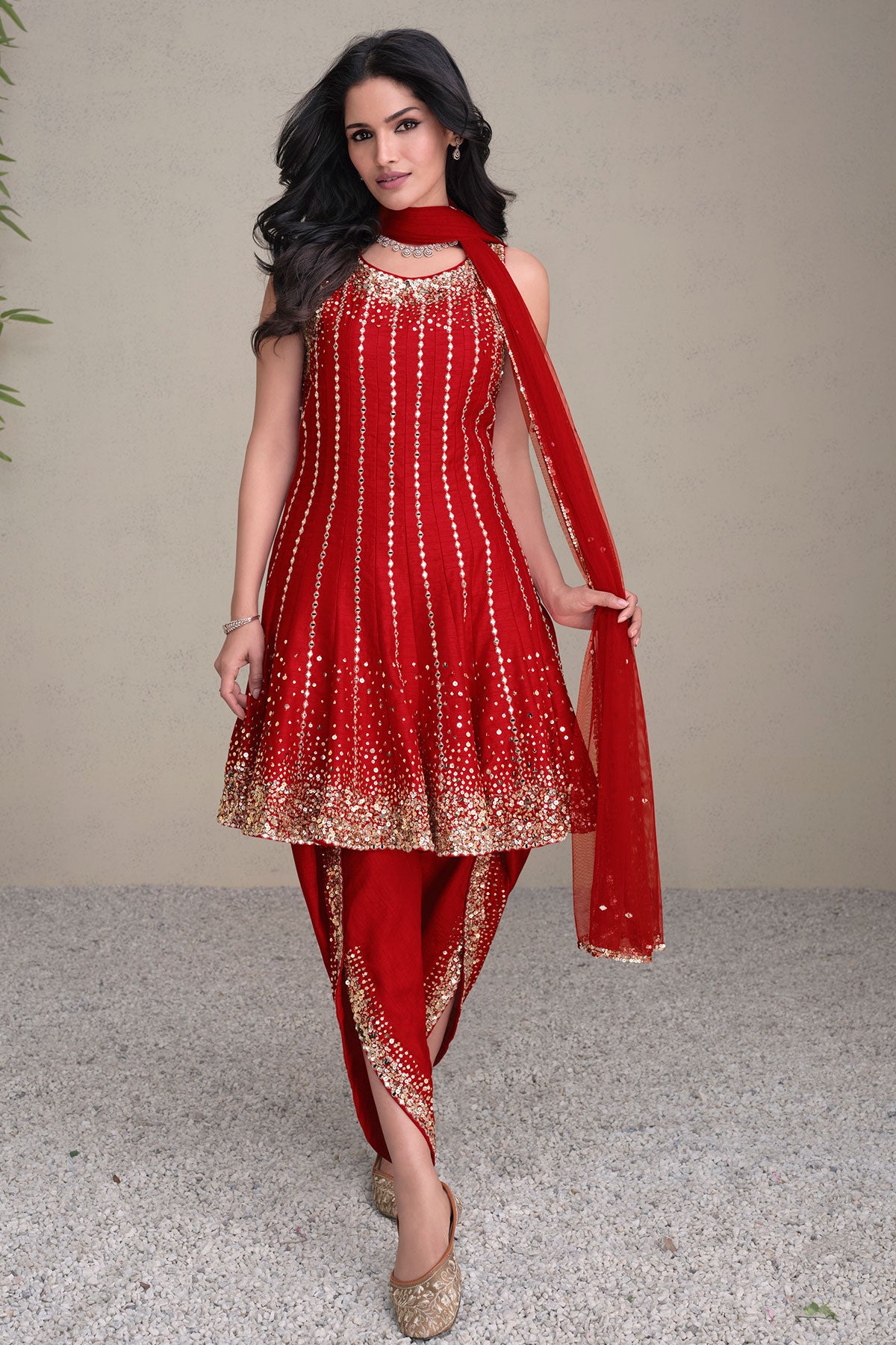 Red Silk Sequin Embroidered Kurti WIth Dhoti pants Set