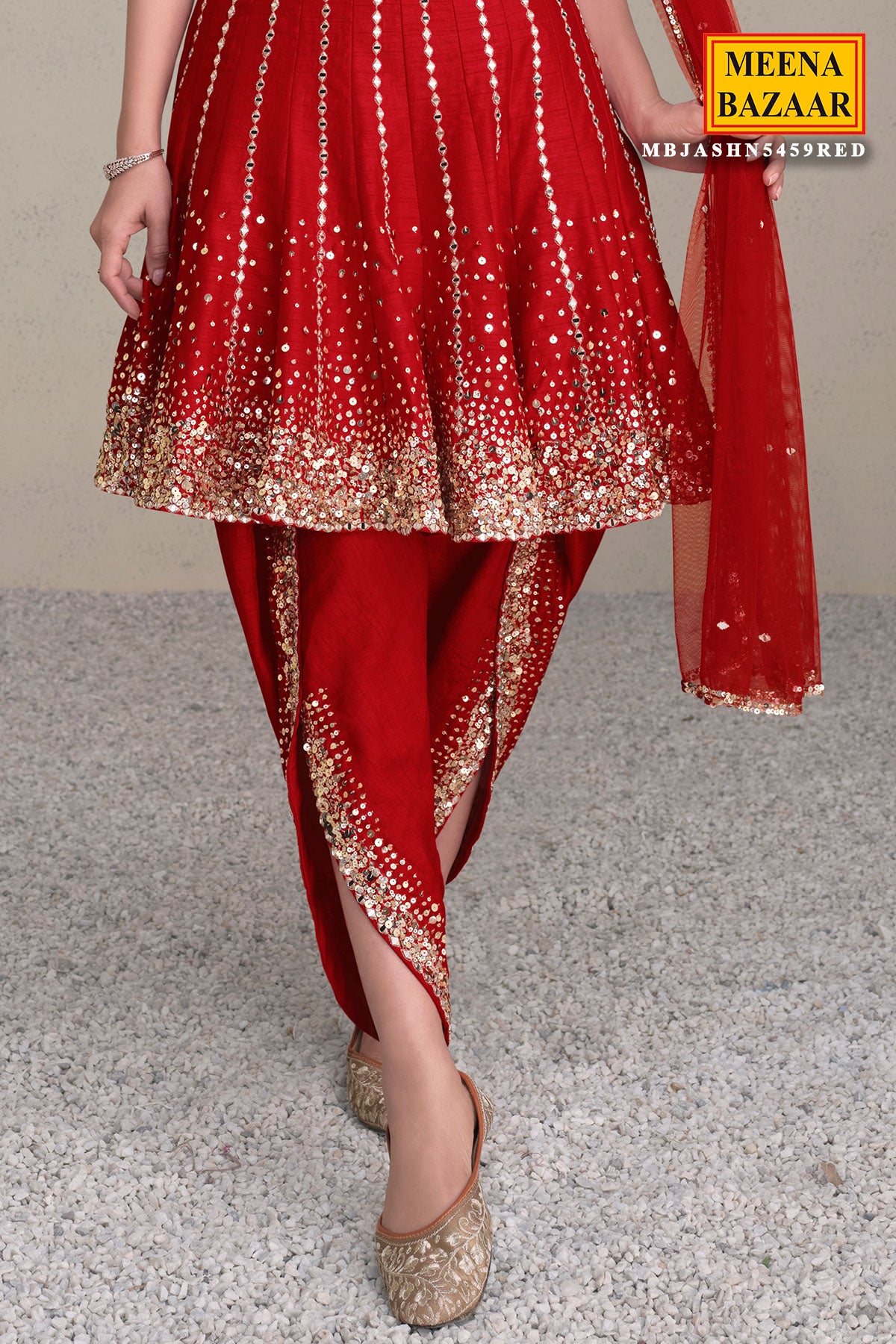 Red Silk Sequin Embroidered Kurti WIth Dhoti pants Set