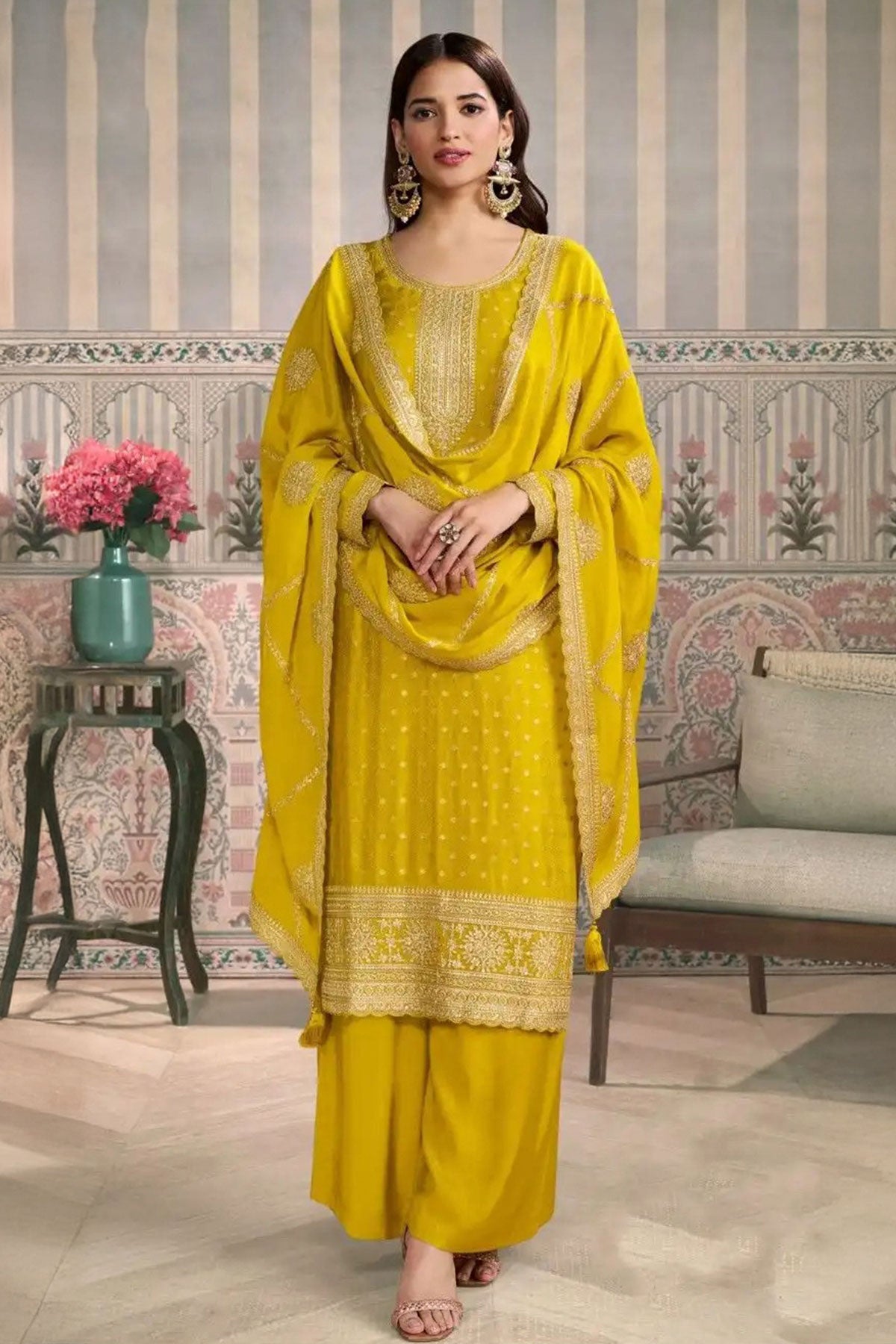 Mustard Crepe Embroidered Unstitched Suit
