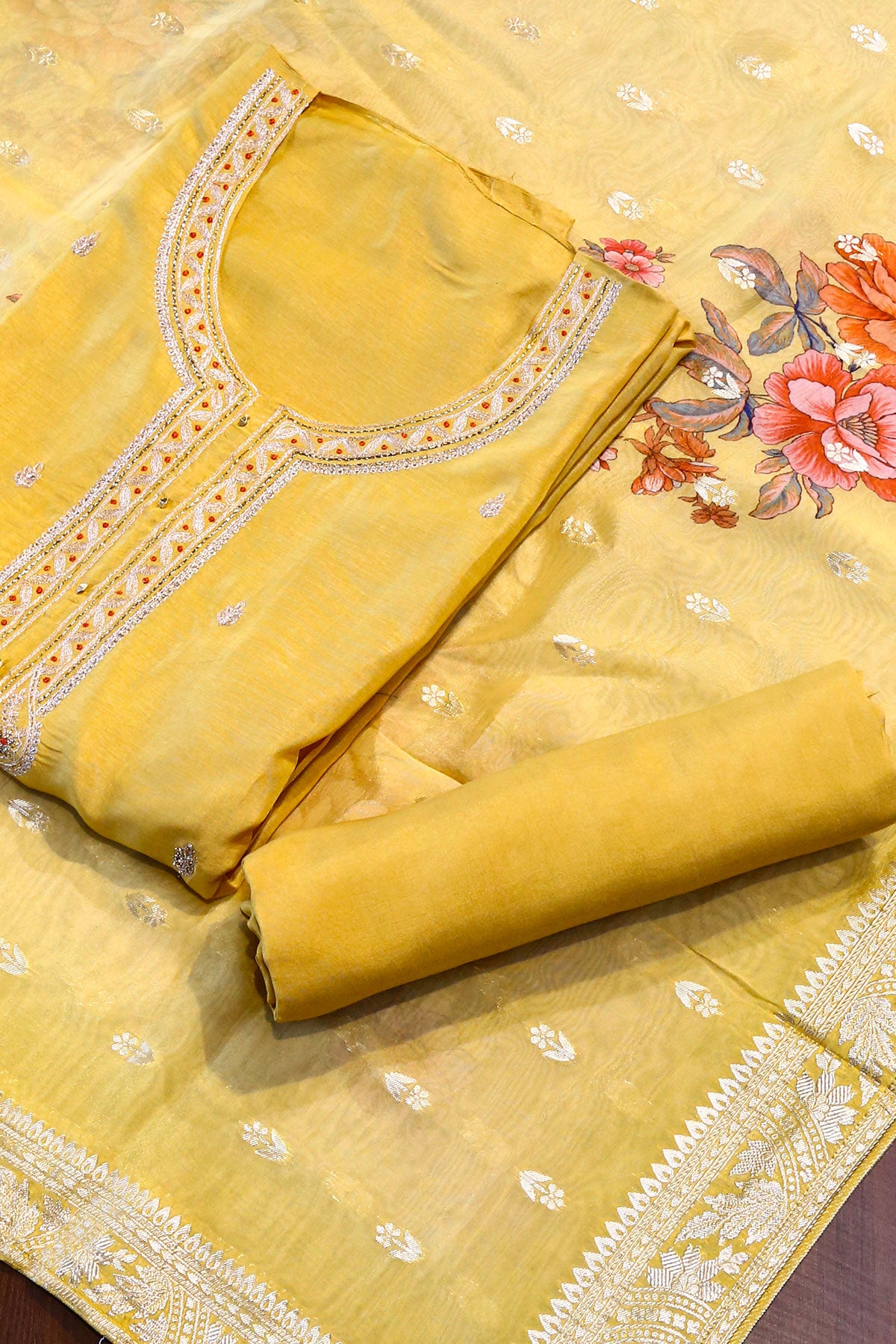 Mustard Chanderi Neck Embroidered Suit Set