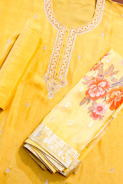 Mustard Chanderi Neck Embroidered Suit Set