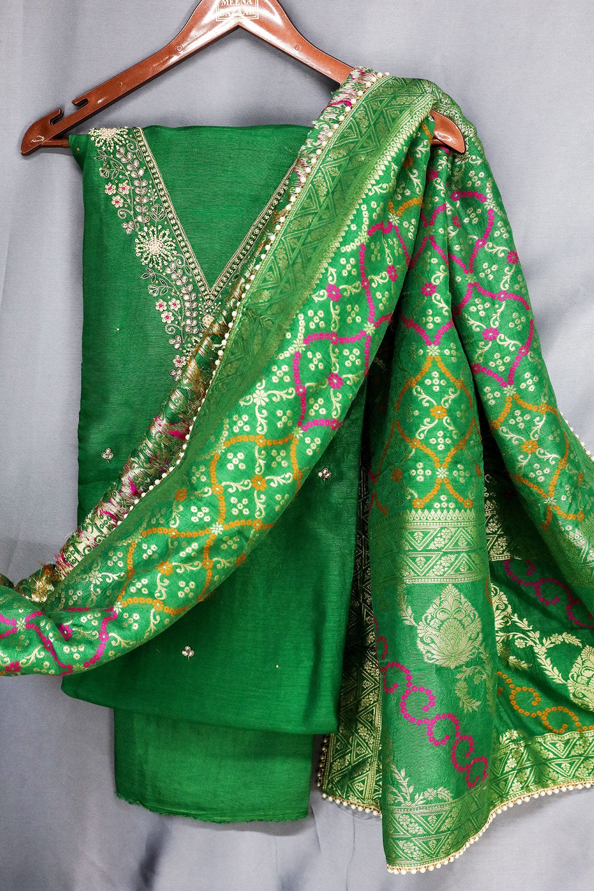 Green Pearl,Sequin Embroidered Unstitched Silk Suit Set