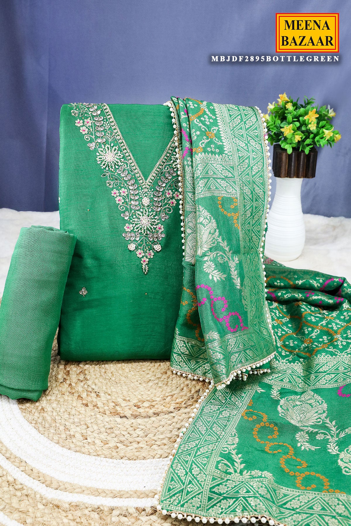 Green Pearl,Sequin Embroidered Unstitched Silk Suit Set