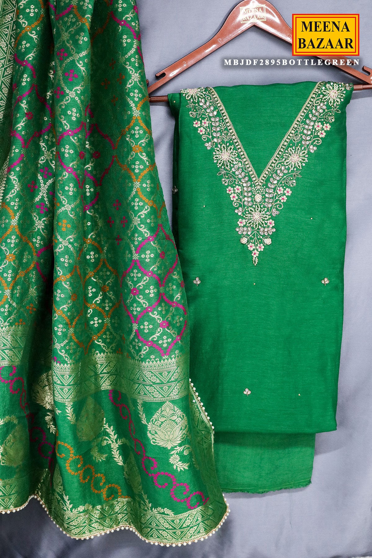 Green Pearl,Sequin Embroidered Unstitched Silk Suit Set