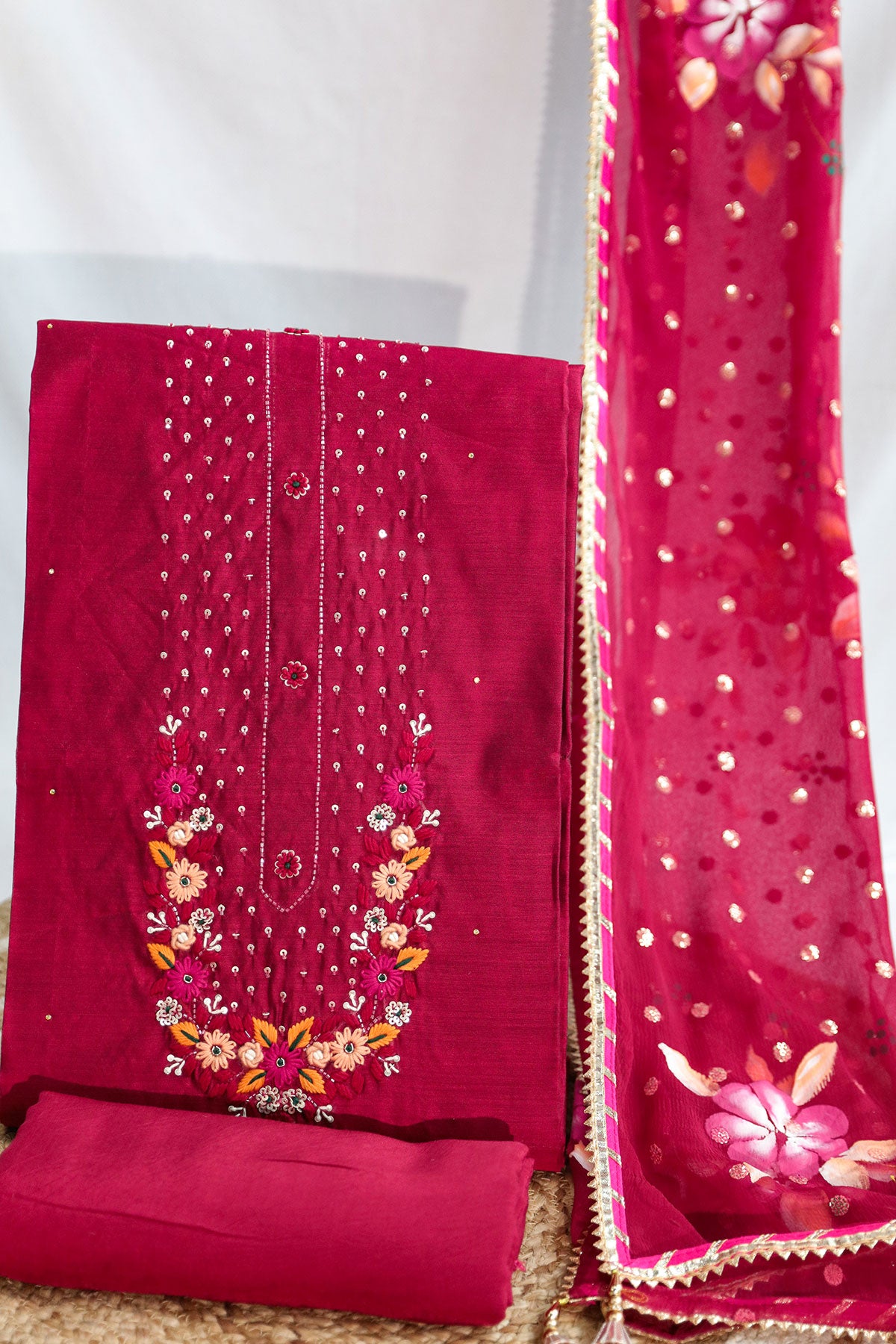 Maroon Chanderi Unstitched Suit