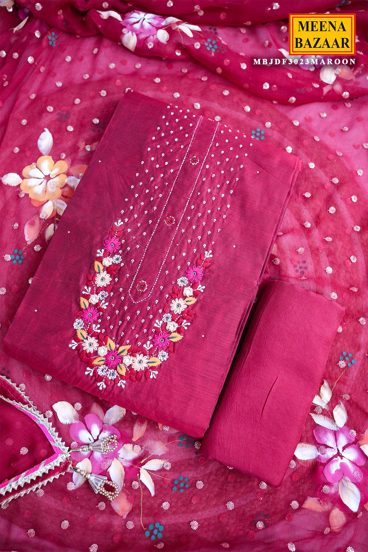Maroon Chanderi Unstitched Suit
