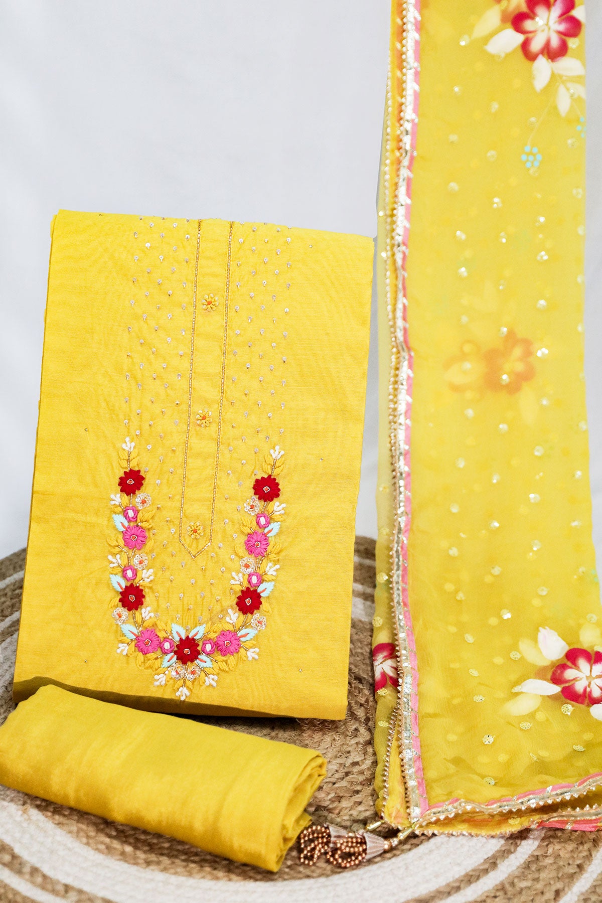 Mustard Chanderi Unstitched Suit