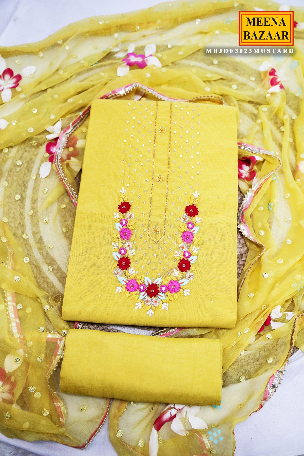 Mustard Chanderi Unstitched Suit