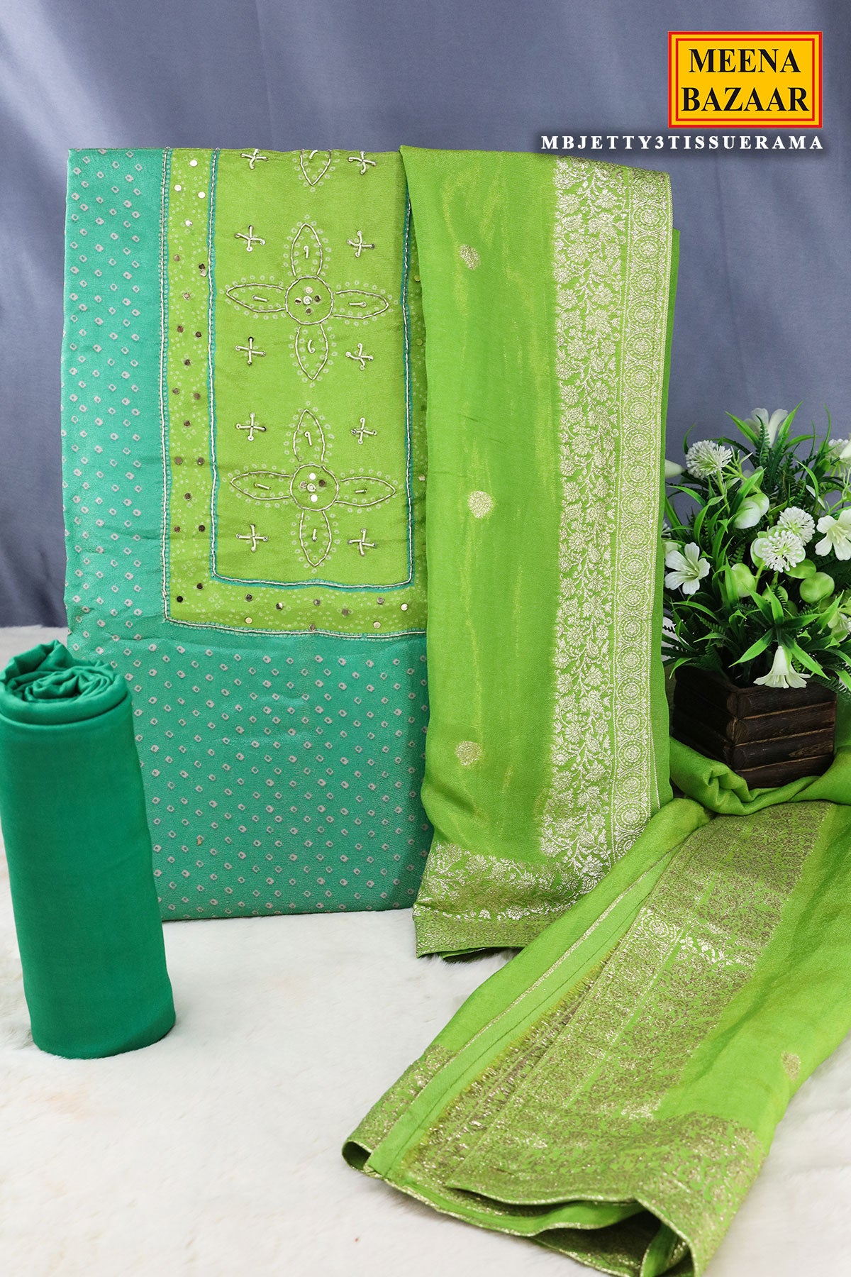 Rama Green Shimmer Georgette Bandhej Printed Suit Set