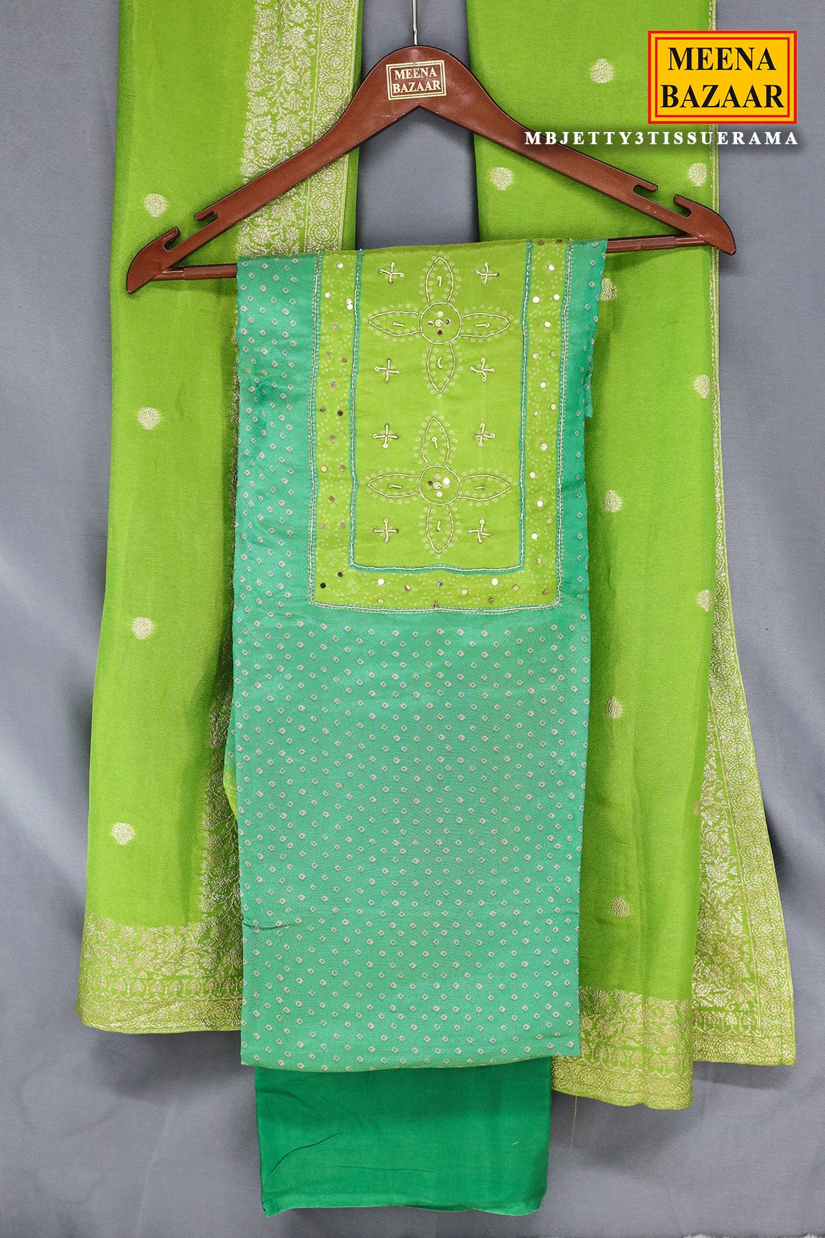 Rama Green Shimmer Georgette Bandhej Printed Suit Set