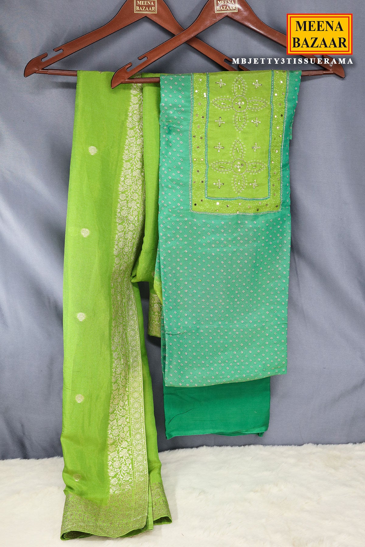 Rama Green Shimmer Georgette Bandhej Printed Suit Set