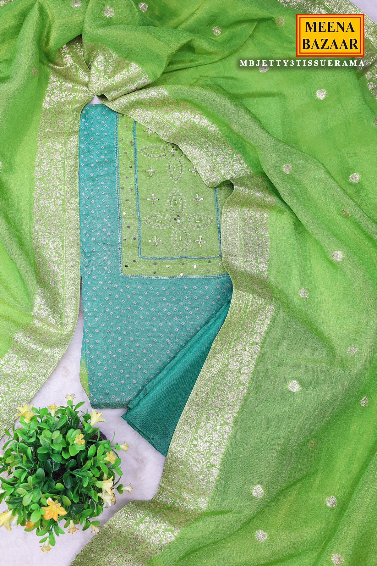 Rama Green Shimmer Georgette Bandhej Printed Suit Set