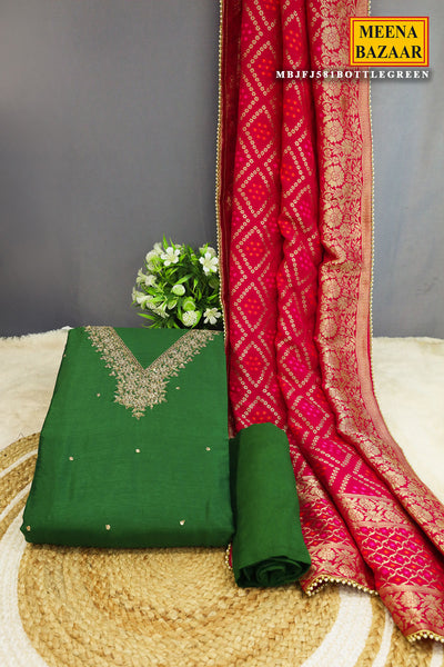 Bottle Green Silk Neck Embroidered Suit Set