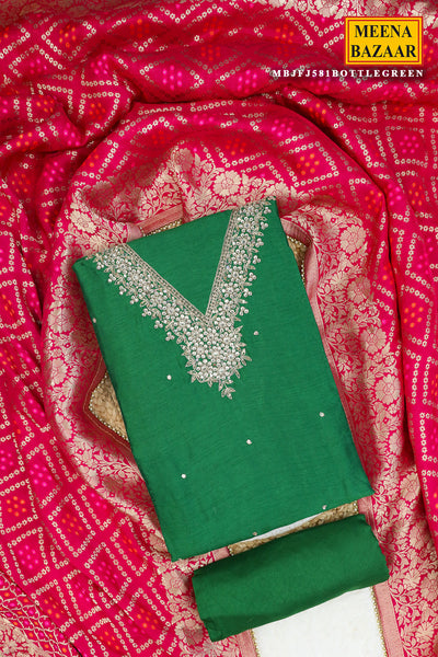 Bottle Green Silk Neck Embroidered Suit Set