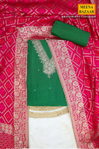 Bottle Green Silk Neck Embroidered Suit Set