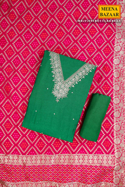 Bottle Green Silk Neck Embroidered Suit Set