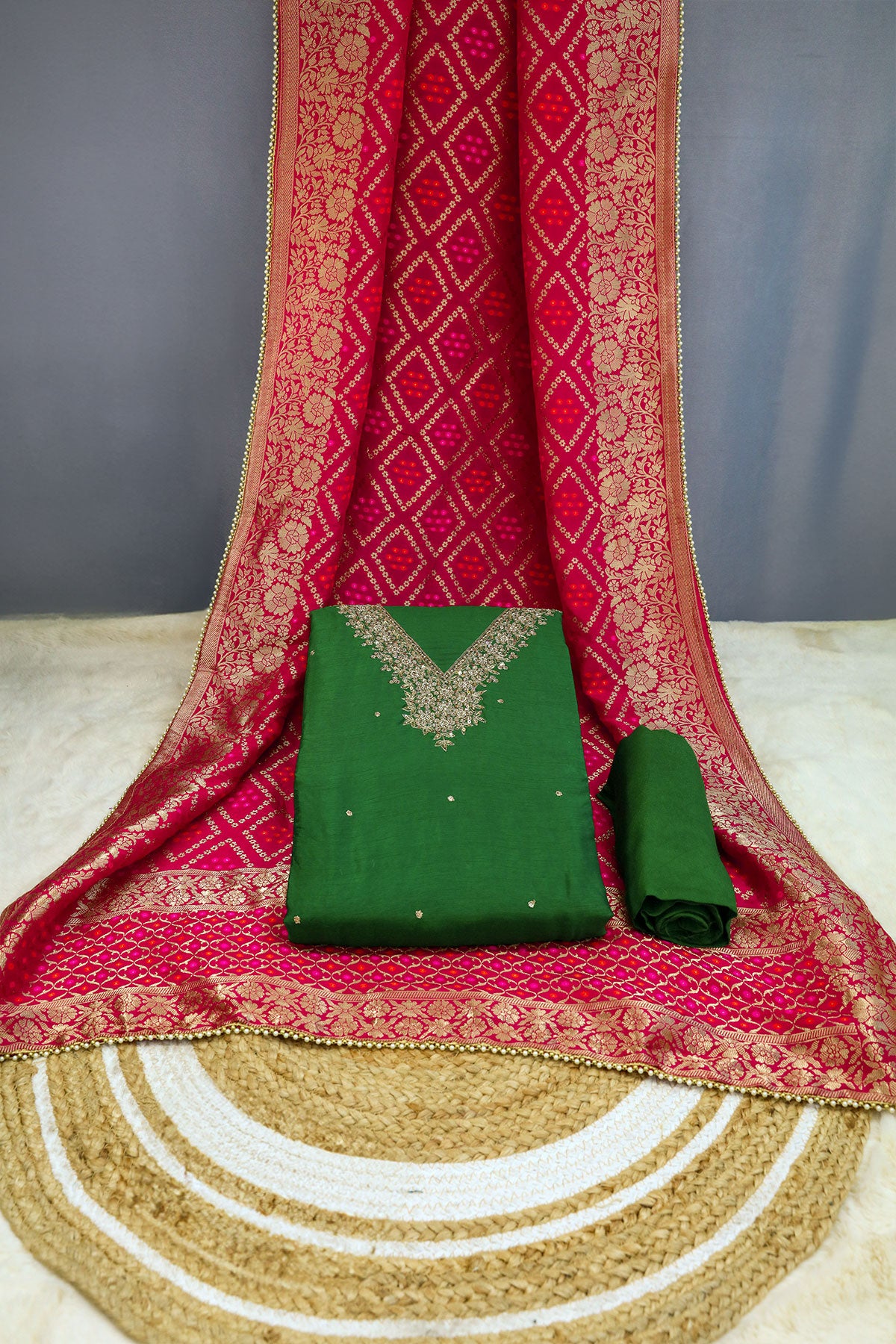 Bottle Green Silk Neck Embroidered Suit Set