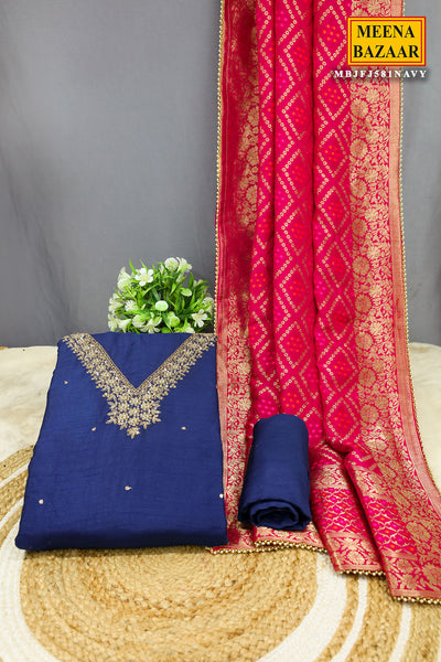 Navy Silk Neck Embroidered Suit Set