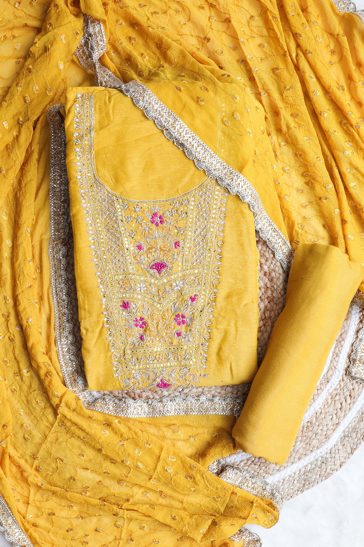 Mustard Chanderi Sequin, Cut-dana Embroidered Suit Set