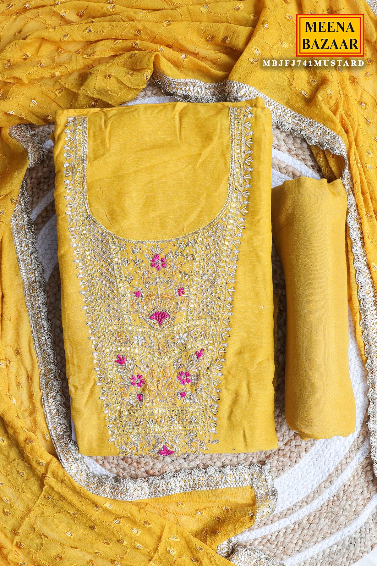 Mustard Chanderi Sequin, Cut-dana Embroidered Suit Set