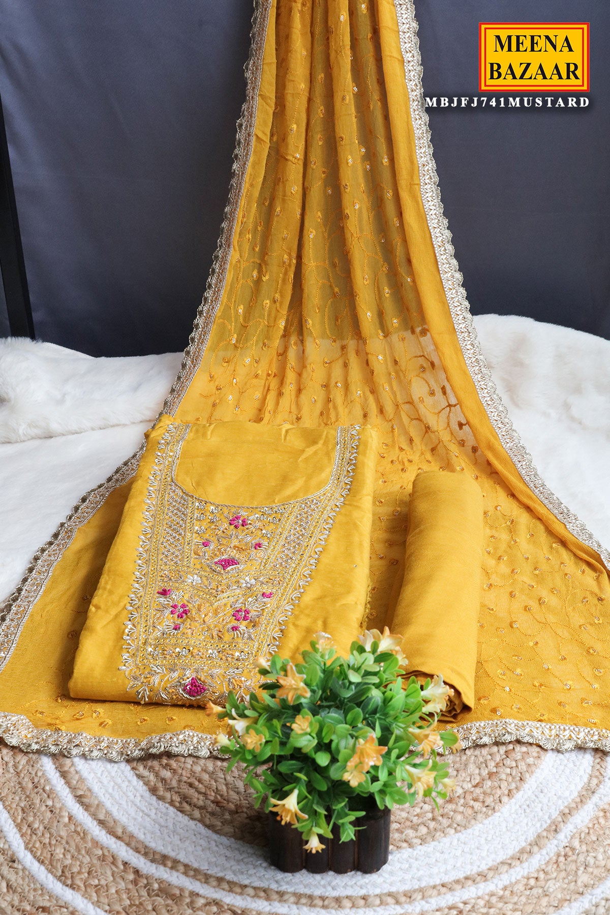 Mustard Chanderi Sequin, Cut-dana Embroidered Suit Set