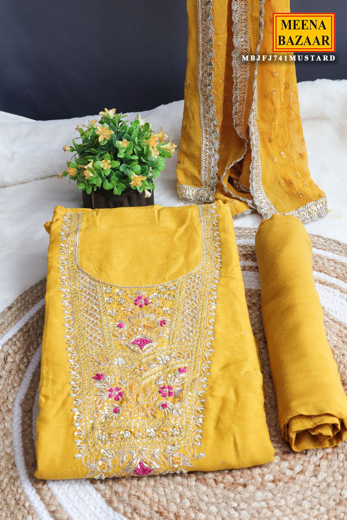 Mustard Chanderi Sequin, Cut-dana Embroidered Suit Set