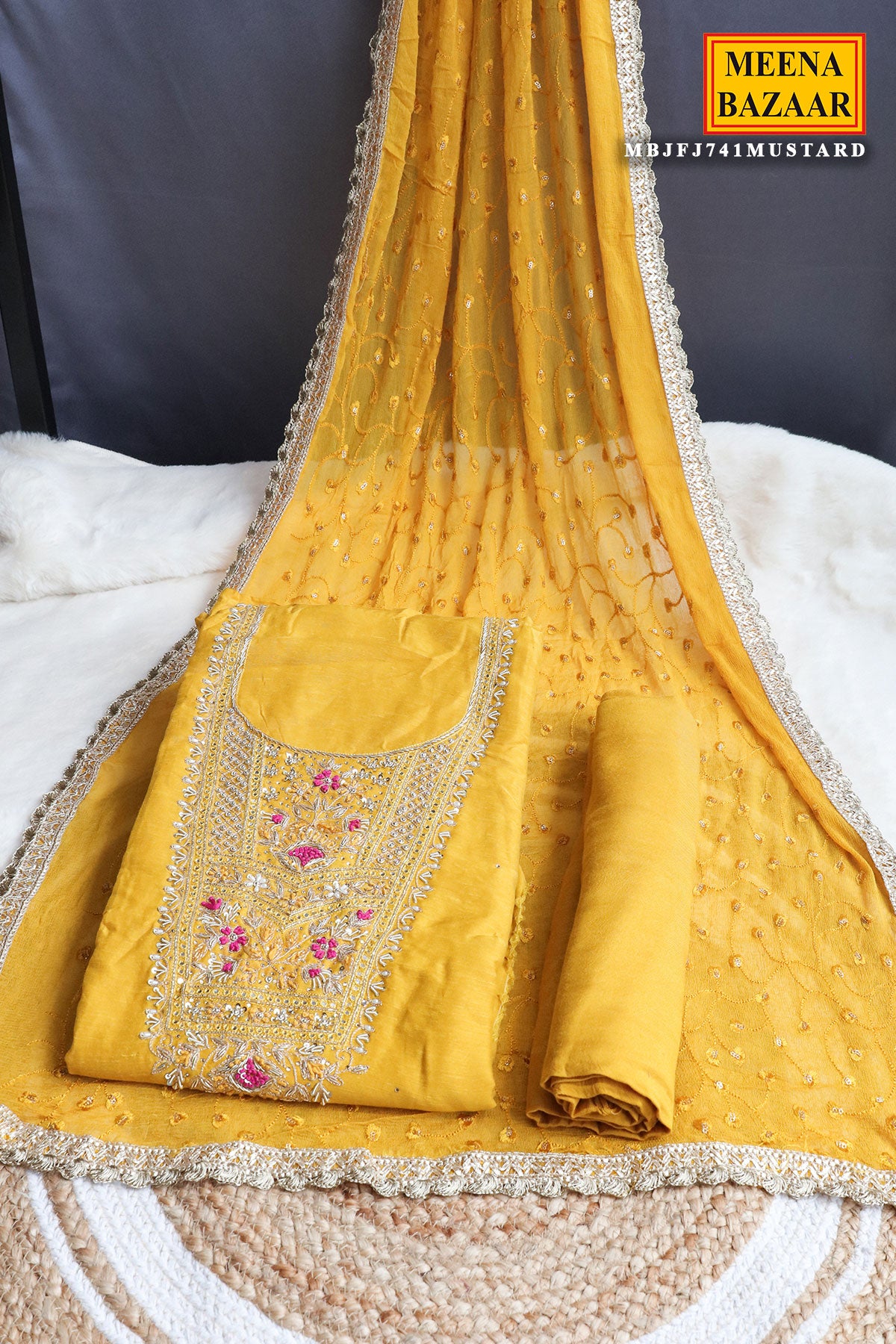 Mustard Chanderi Sequin, Cut-dana Embroidered Suit Set