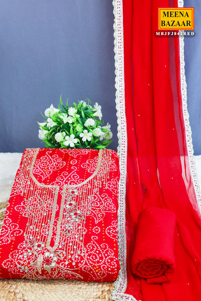 Red Georgette Unstitched Suit Set With Bandhani Print And Embroidery