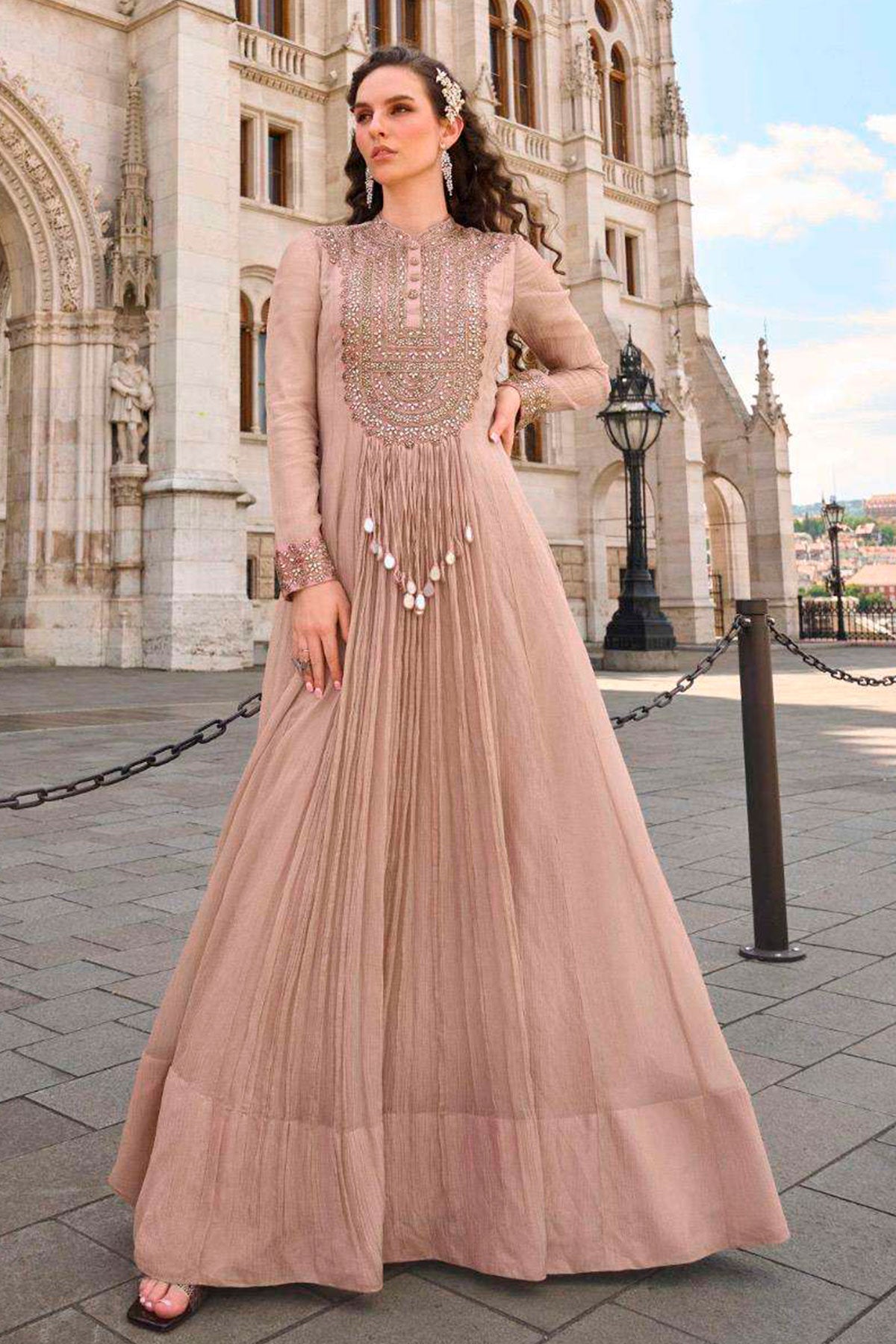 Tussar Shimmer Ready-Made Suit with Elegant Neck Embroidery