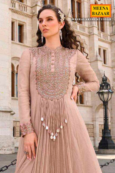 Tussar Shimmer Ready-Made Suit with Elegant Neck Embroidery