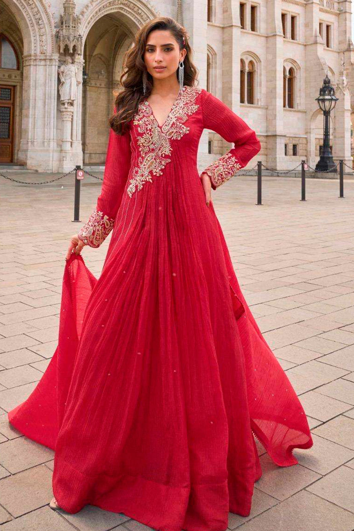 Red Shimmer Ready Made Suit with Elegant Neck Embroidery