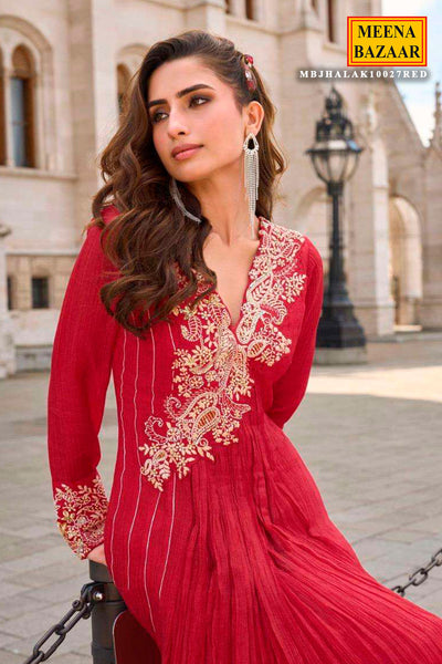Red Shimmer Ready Made Suit with Elegant Neck Embroidery