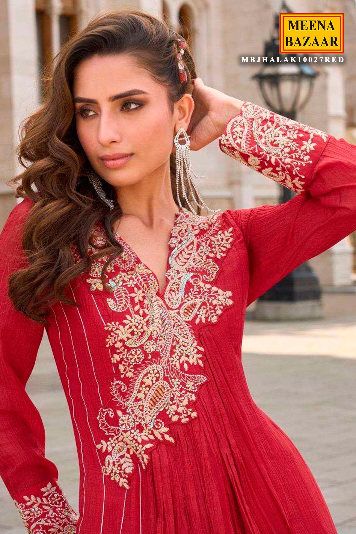 Red Shimmer Ready Made Suit with Elegant Neck Embroidery