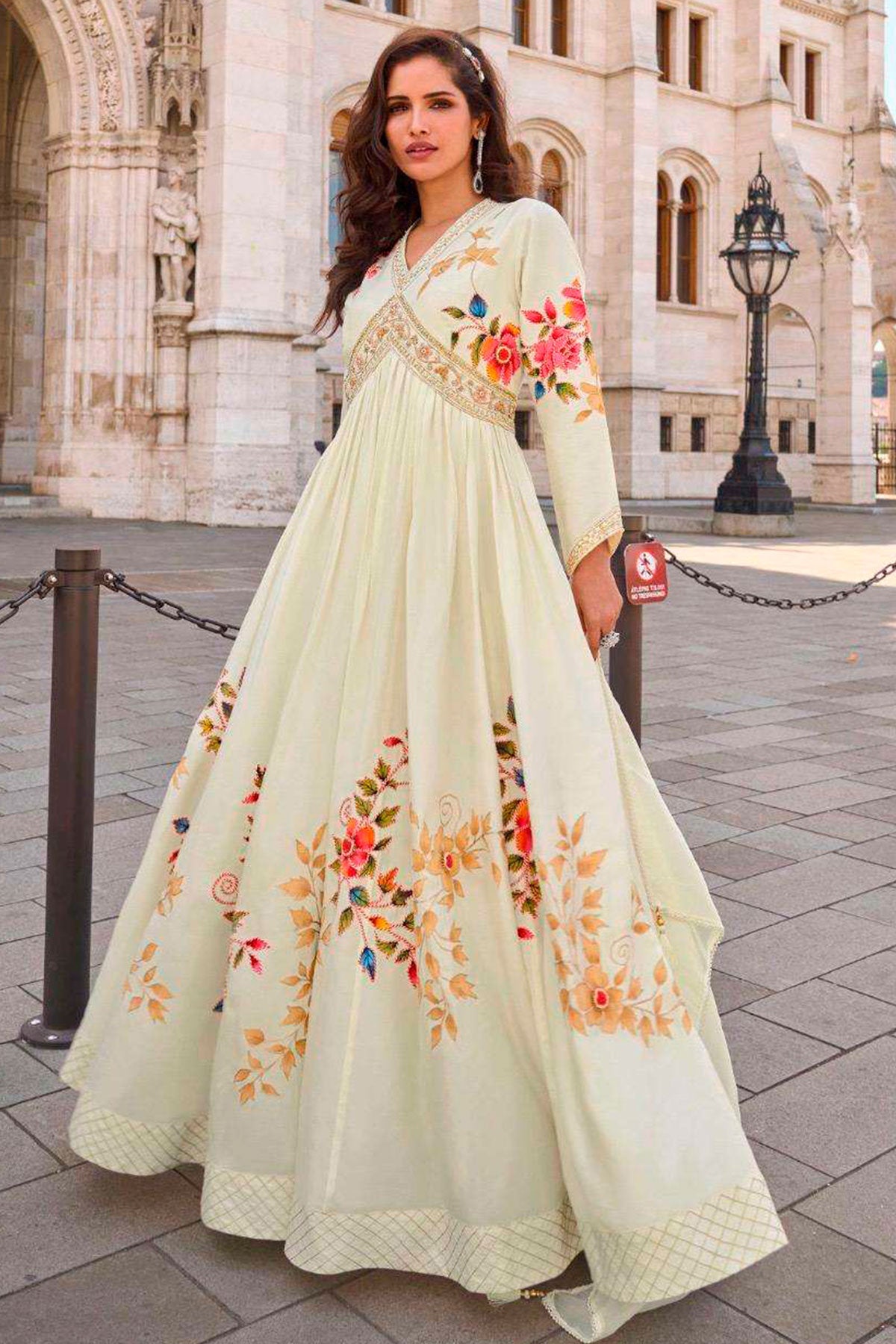 Cream Shimmer Elegant Neck Embroidery Ready Made Suit