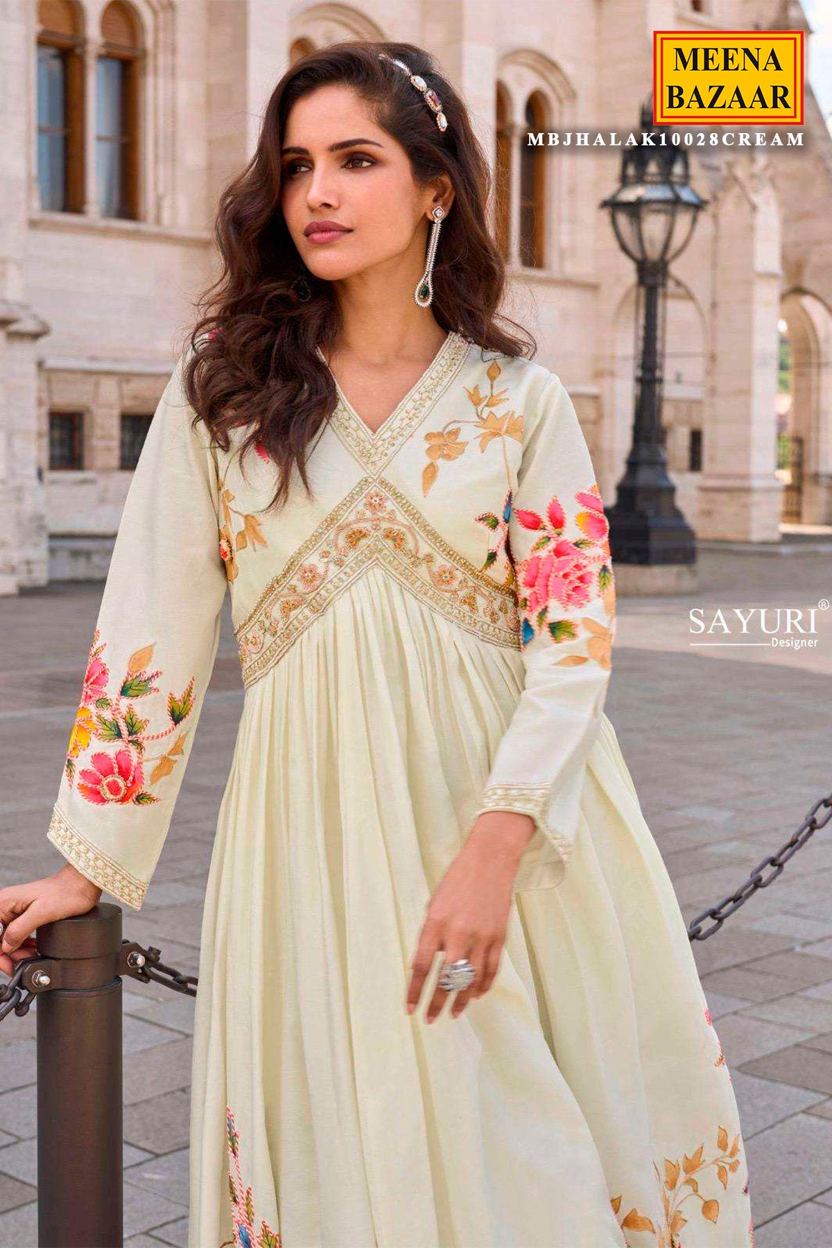 Cream Shimmer Elegant Neck Embroidery Ready Made Suit