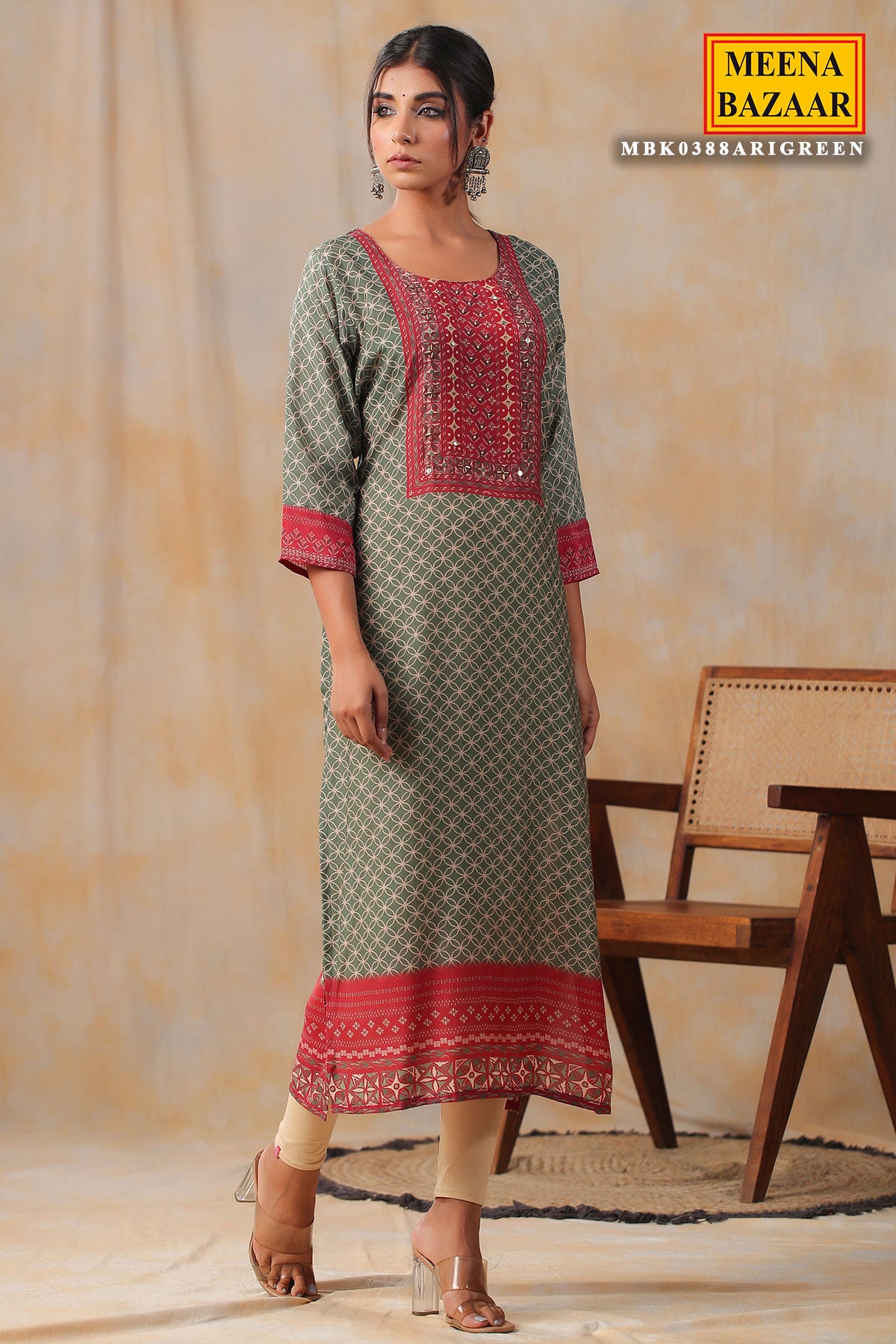 Green Crepe Printed Kurti with Sequins and Cutdana Embroidered Neck