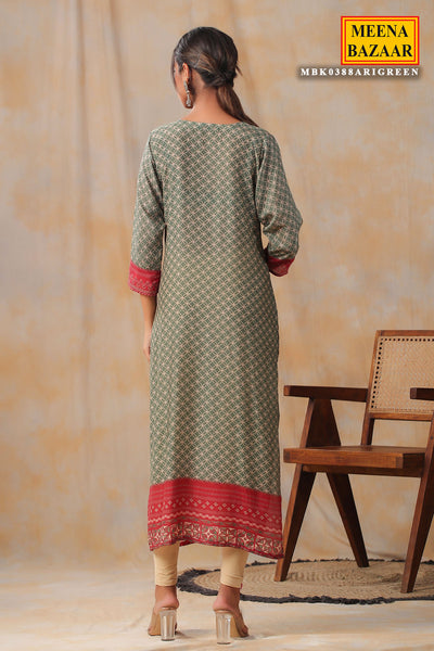 Green Crepe Printed Kurti with Sequins and Cutdana Embroidered Neck