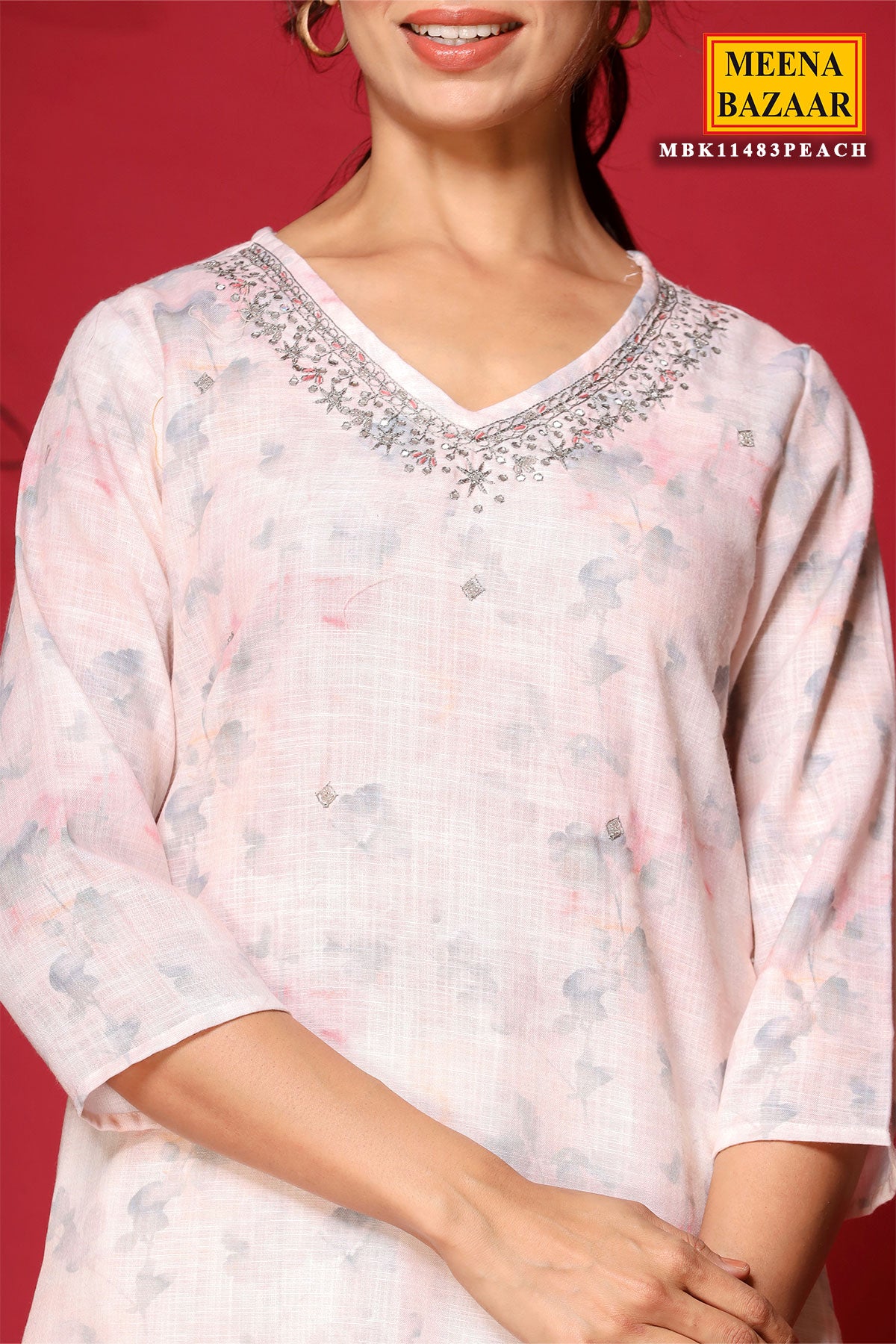 Light Peach Cotton Printed Mirror Work Embroidered Kurti With Pants
